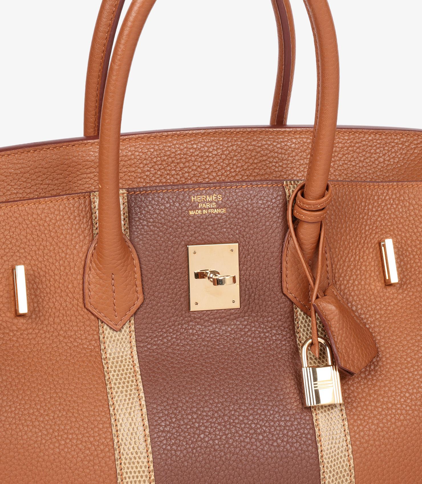 Birkin Club en or, cuir marron d'Inde Clémence et cuir lézard Ficelle en vente 4