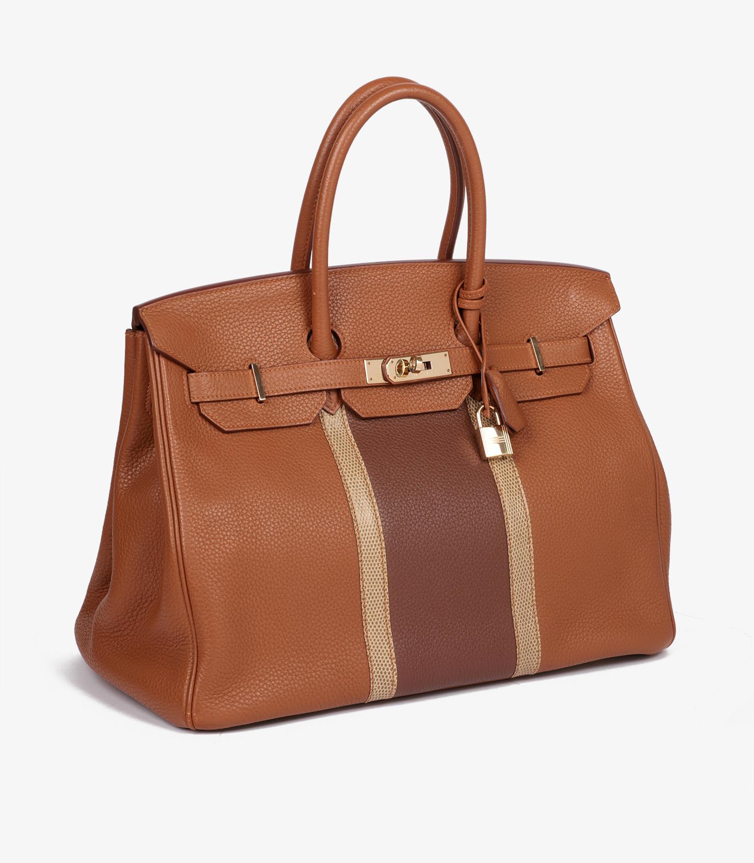 Hermès Gold, Marron D'Inde & Ficelle Lizard Leather Club Birkin 35cm Retourne (Braun) im Angebot
