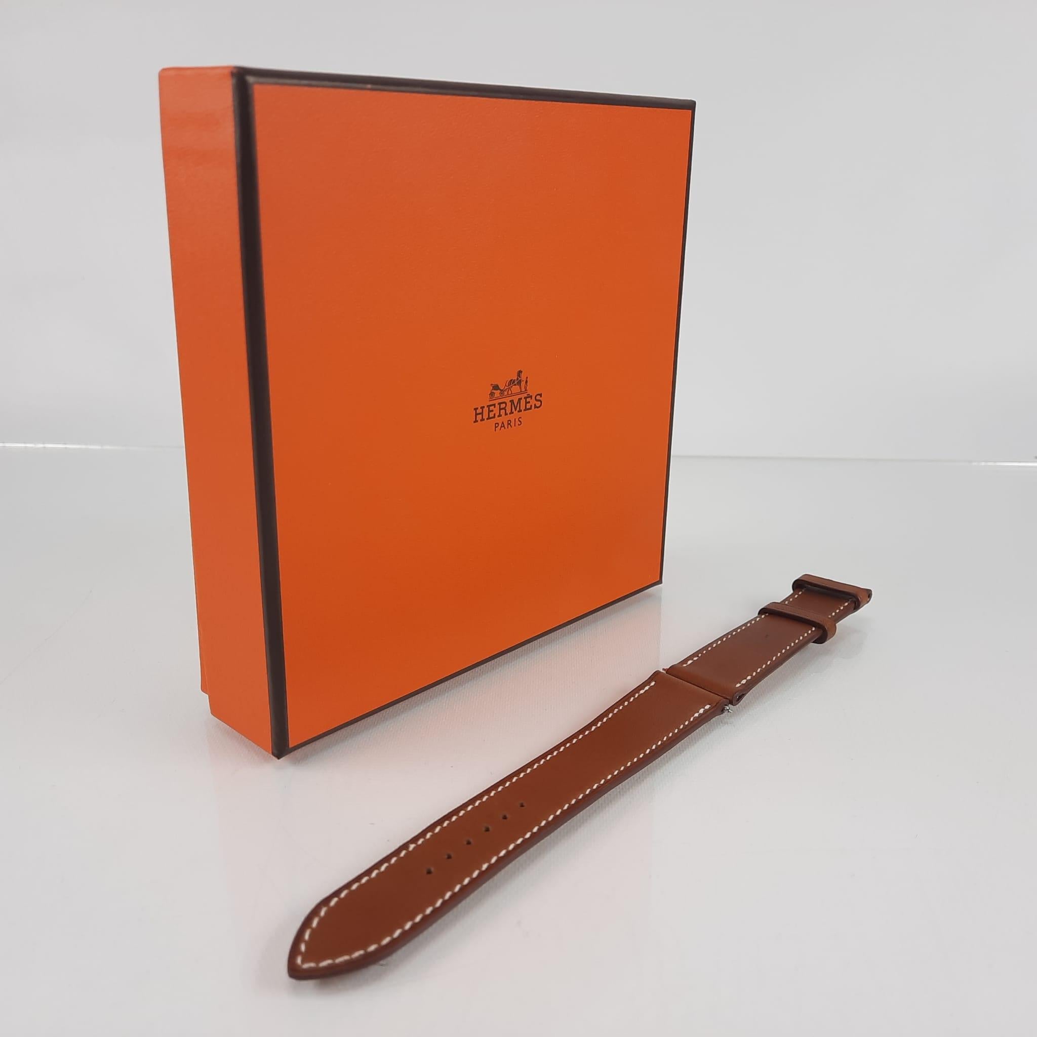 Hermès  Bracelet de montre en cuir de veau Barenia doré et naturel T-090 en vente 2