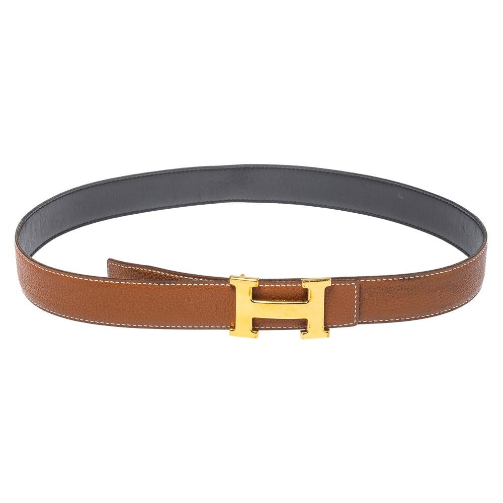 Hermes Gold/Noir Togo and Swift Leather Constance Reversible Belt 85CM