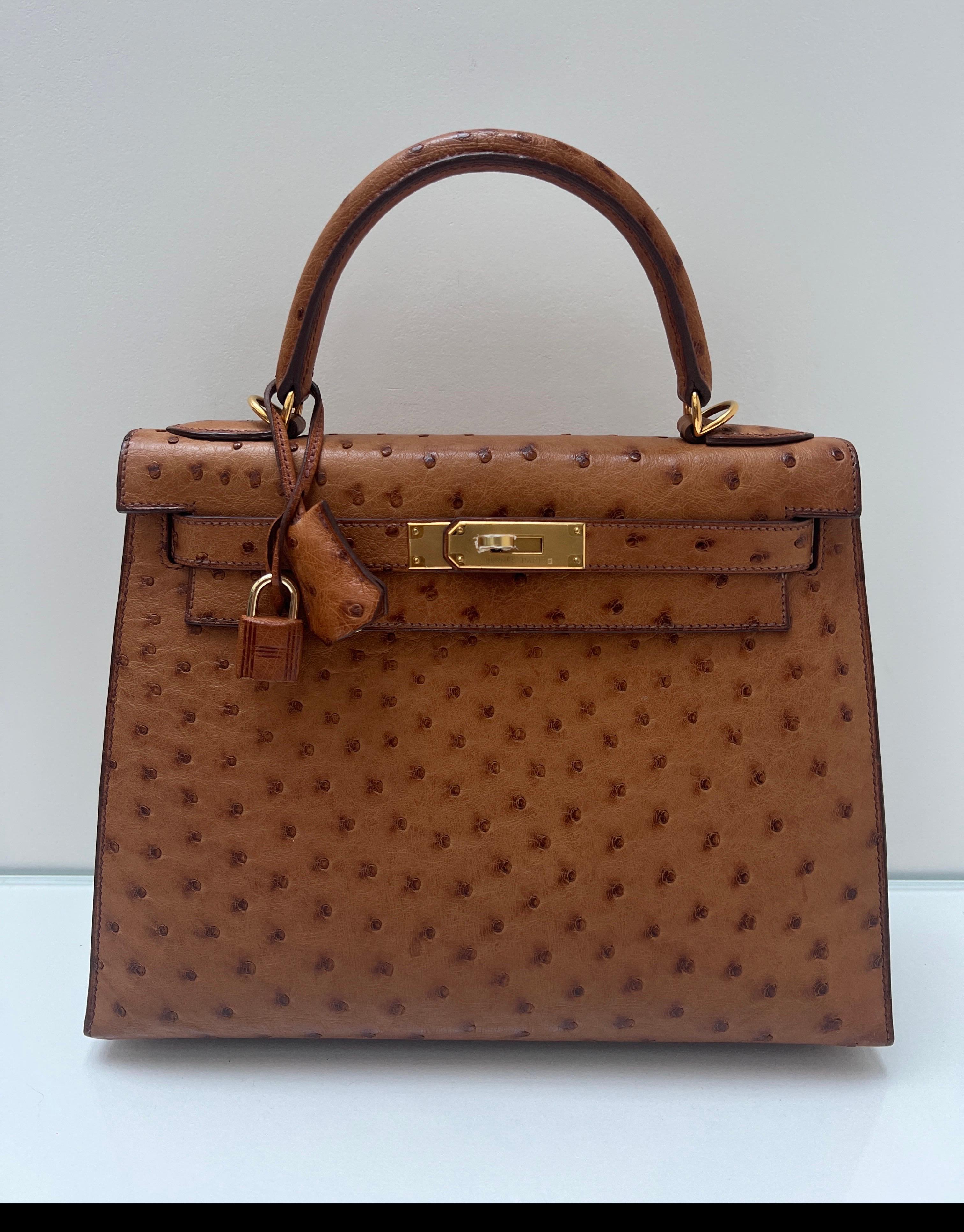 Borsa Kelly 28 in struzzo esotico oro di Hermes. Colore oro e marrone con finiture dorate. Condizioni eccellenti. Interni puliti. Sellier Kelly con ferramenta in plastica. La taglia Kelly più desiderata è la 28 e il colore. Include clochette,