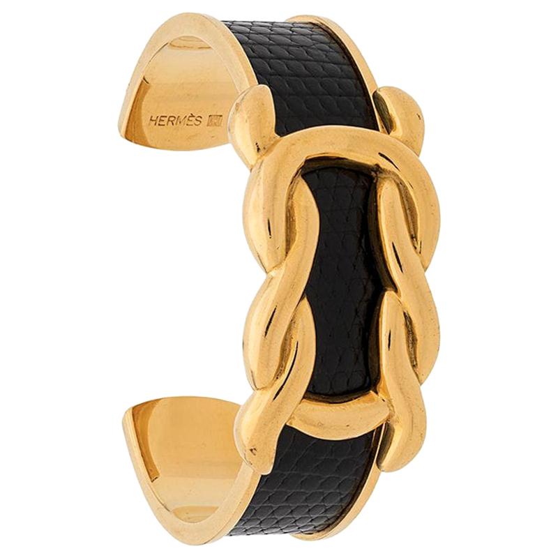 Hermes Gold Plated and Black Leather Bangle Bracelet