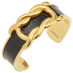 Vintage Hermès Gold-Plated Black Crocodile Leather Bracelet