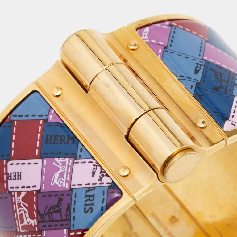 Hermès Gold Plated Bolduc Au Carre Hinged Wide Bracelet For Sale at 1stDibs
