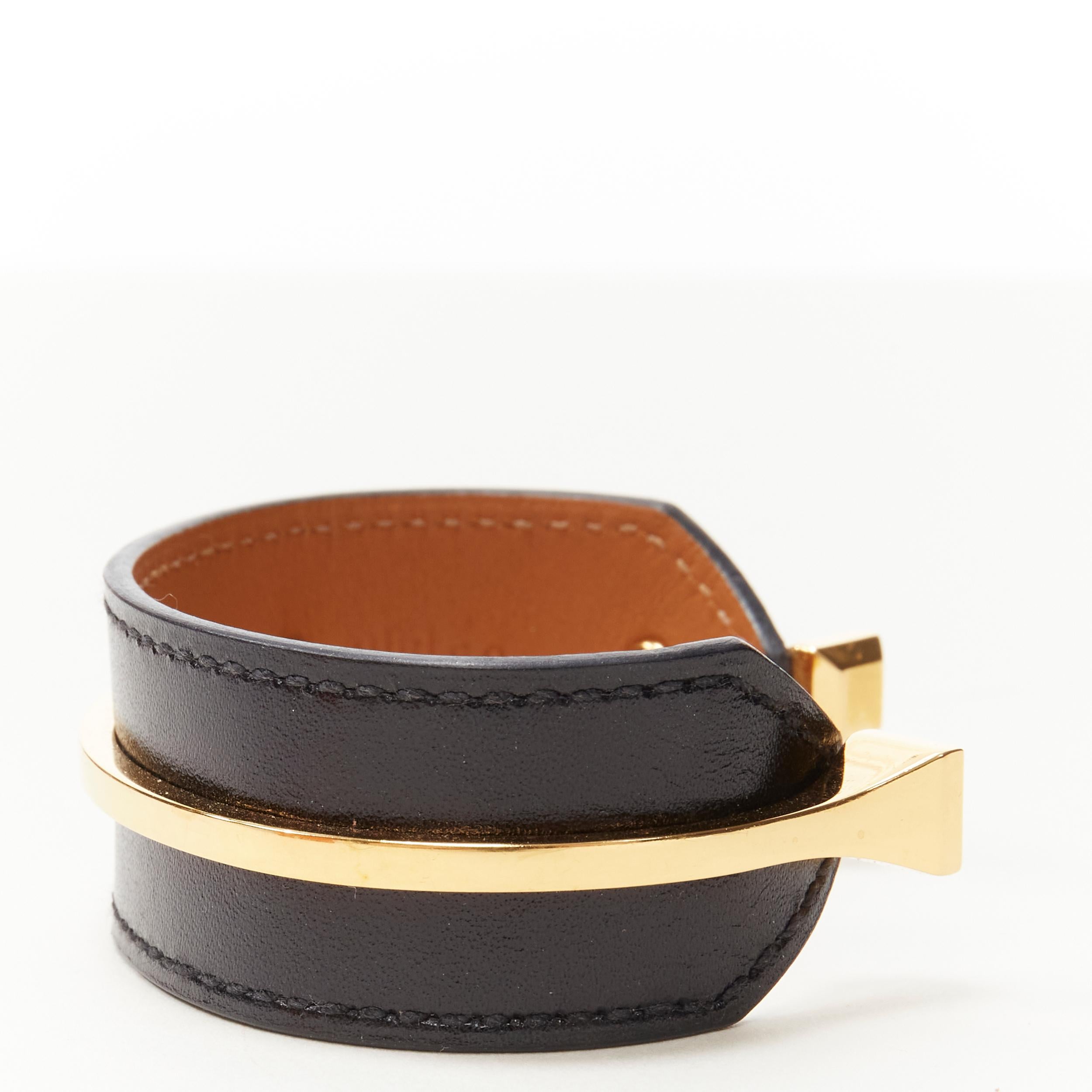 Brown HERMES gold plated brass black leather open cuff minimal bracelet For Sale