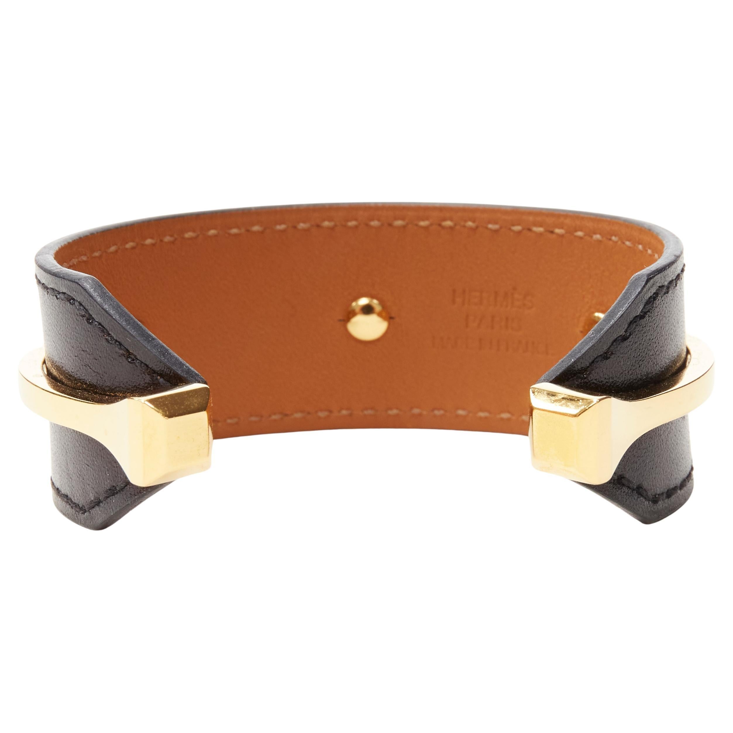 HERMES gold plated brass black leather open cuff minimal bracelet For Sale
