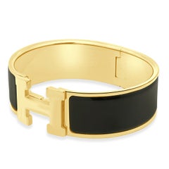 Hermes Gold-Plated Clic Clac Black Enamel "H" Logo Bracelet 6.75"