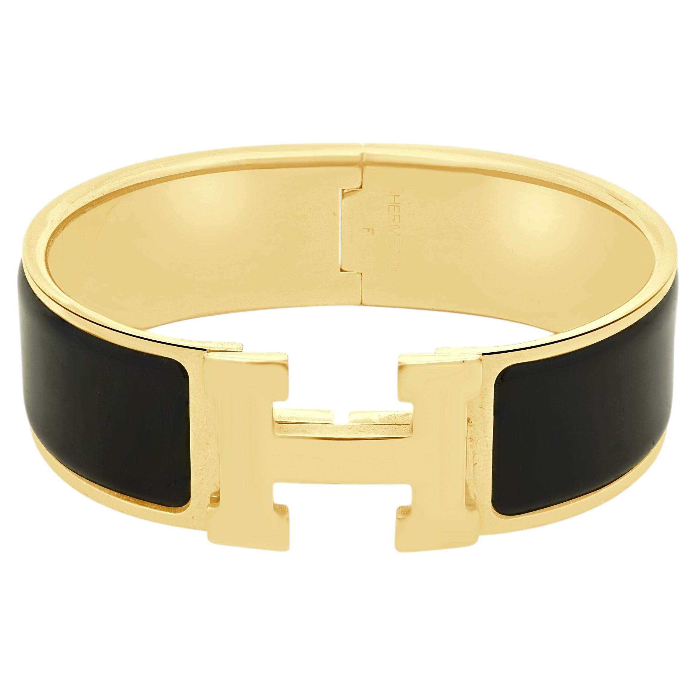 Hermes vergoldetes Clic-Clac-Armband mit schwarzem Emaille-„H“-Logo, 6,75"