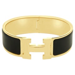 Hermes Gold-Plated Clic Clac Black Enamel "H" Logo Bracelet 6.75"