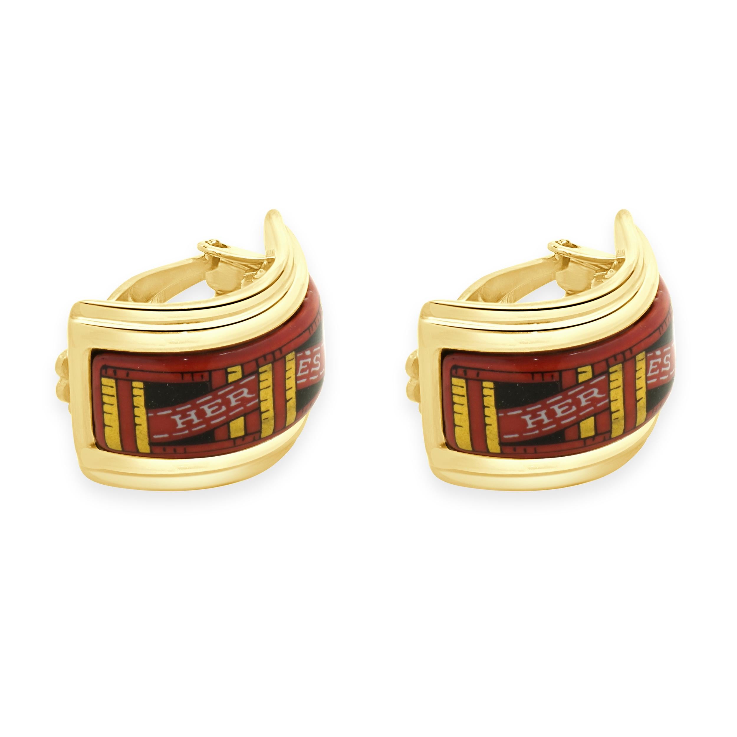 Hermes Gold Plated Enamel Clip On Earrings In Excellent Condition For Sale In Scottsdale, AZ