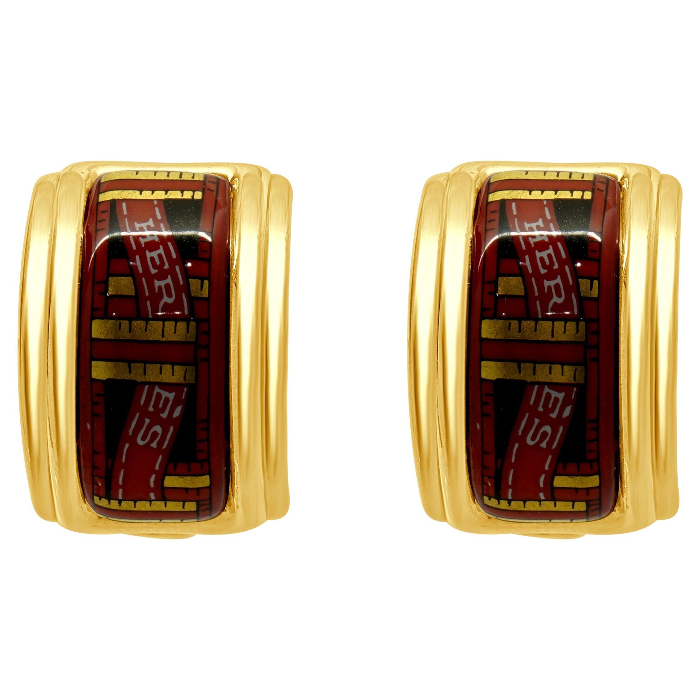 Hermes Gold Plated Enamel Clip On Earrings For Sale