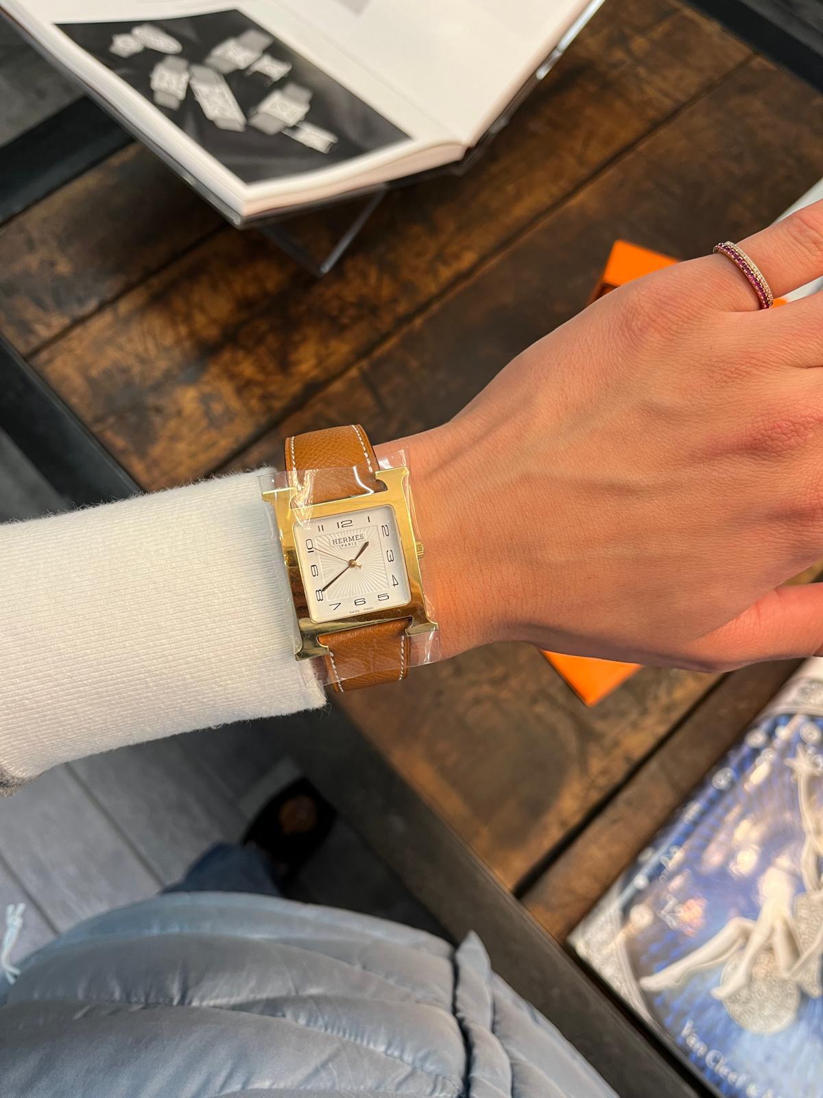 Hermes Gold Plated Heure H Wristwatch In New Condition In Princeton, NJ