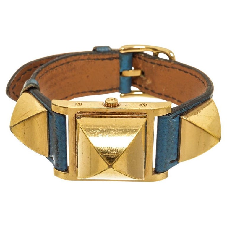 Hermes Gold Plated Metal and Leather Medor Quartz 18mm Watch at 1stDibs