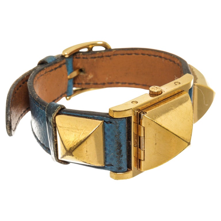 Hermes Gold Plated Metal and Leather Medor Quartz 18mm Watch For Sale