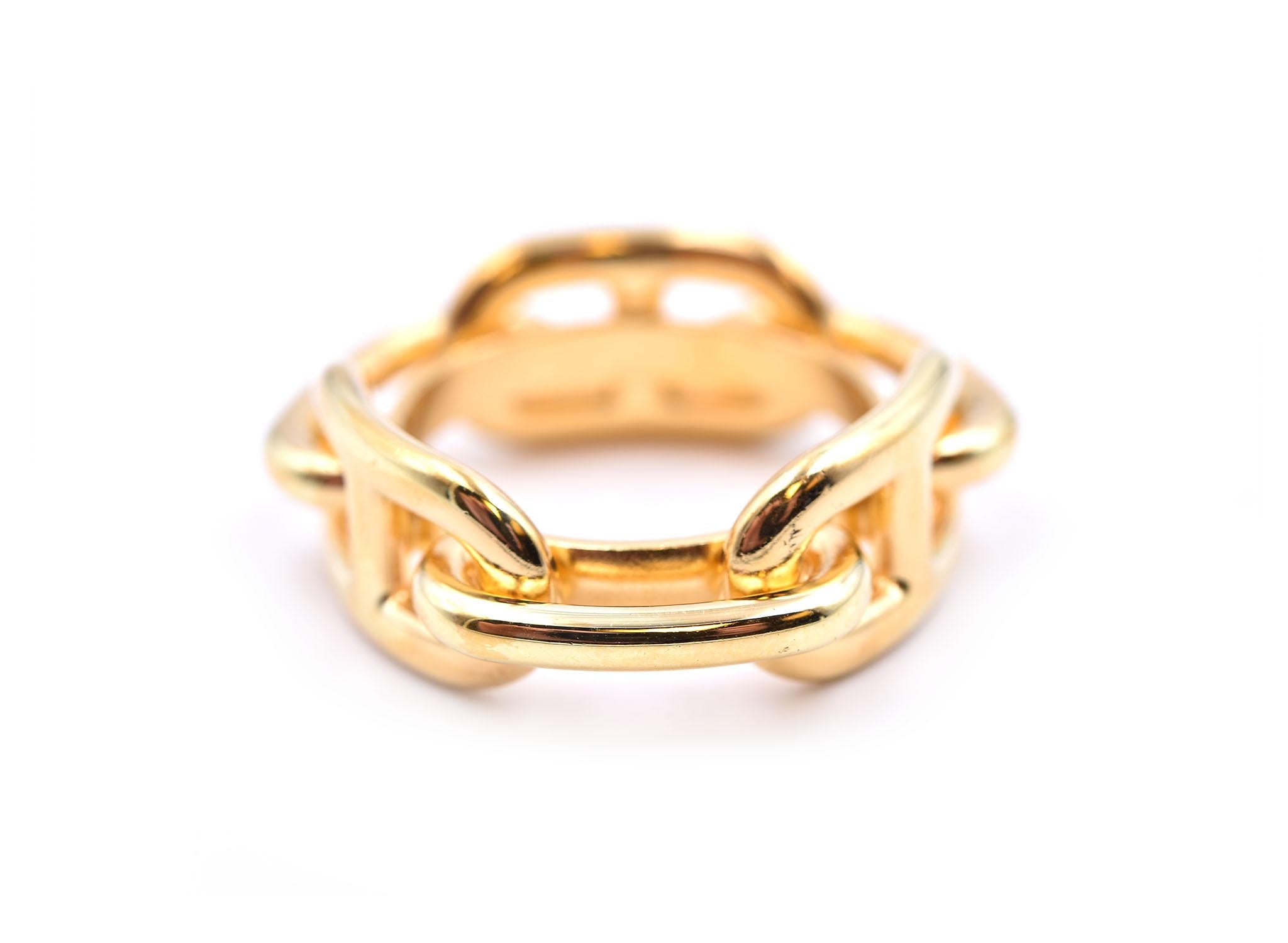 Concepteur : Hermès
Matériau : plaqué or 
Dimensions : l'anneau mesure 20::80 mm de diamètre
Poids : 11.35 grammes
