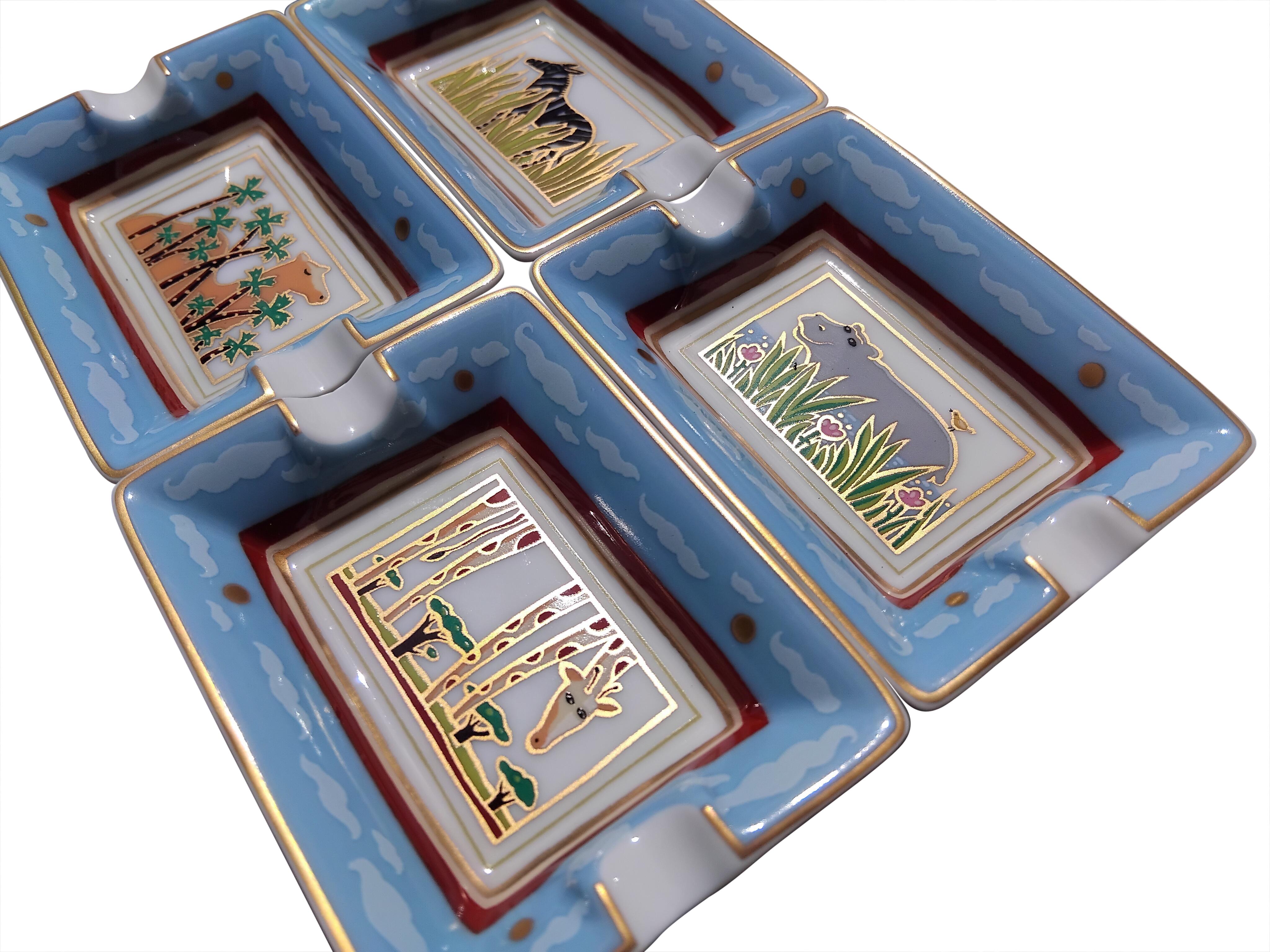 Grigio Hermès Porcellana Oro 4 Mini Posacenere Vassoi Portaoggetti Animali Selvaggi Africa in vendita