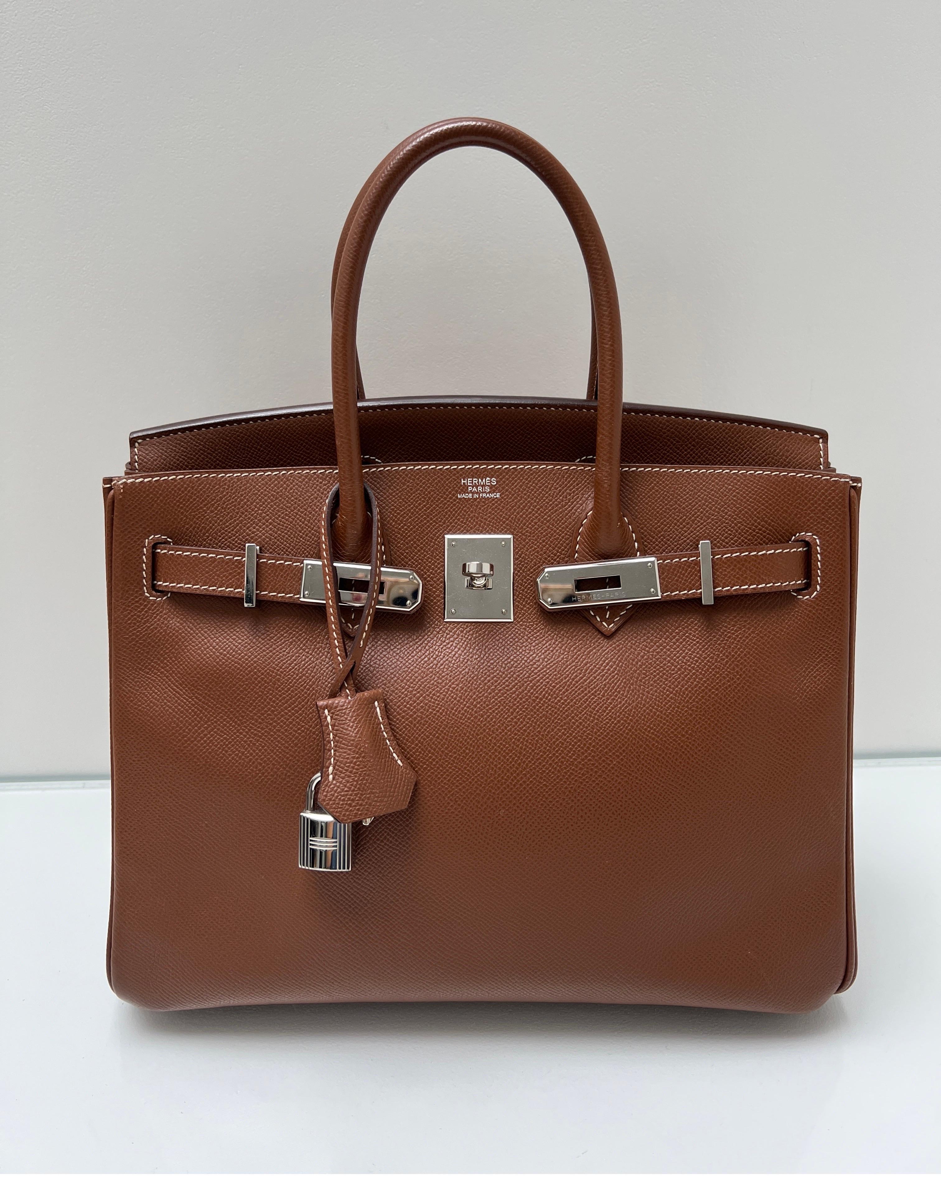 Hermes Gold Tan Birkin 30 Bag. Palladium silver hardware. Epsom leather. Good condition. Interior clean. Most wanted size 30. Includes clochette, lock, keys, and dust bag. Guaranteed authentic. Classic bag. 