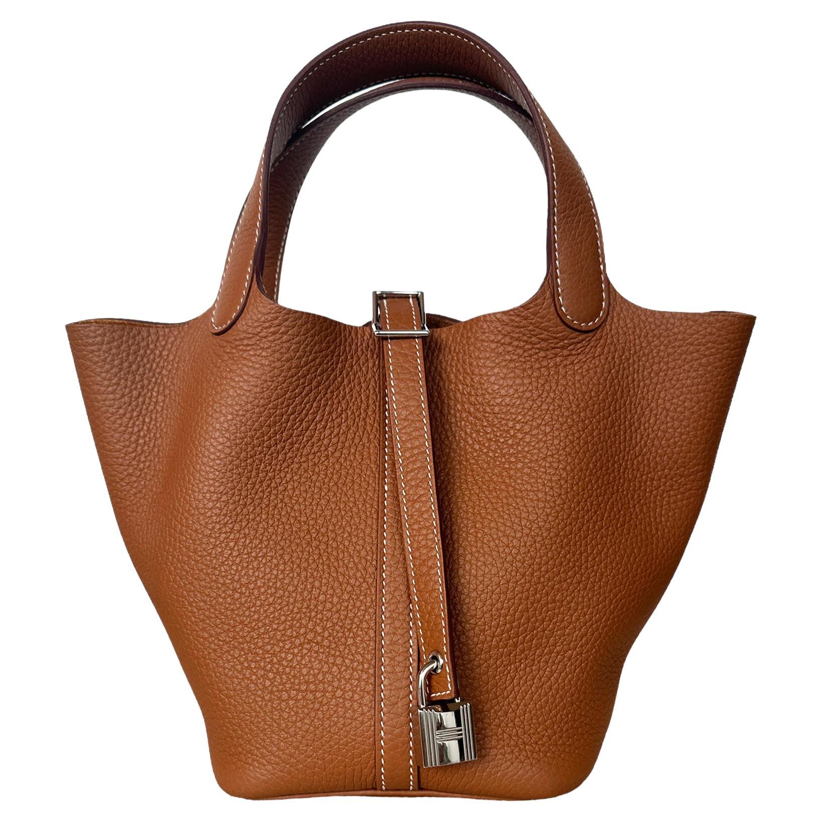 Hermes Gold Tan Taurillon Clemence Leather Picotin Lock 18 PM Bag For Sale
