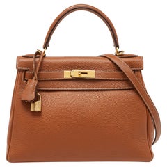 Sac Kelly Retourne 28 Hermes Cuir Clemence Taurillion Or Finition Or