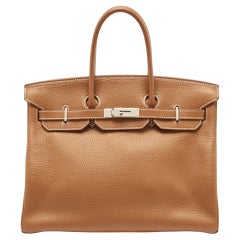 Hermes Gold Taurillion Clemence Leather Palladium Finish Birkin 35 Bag