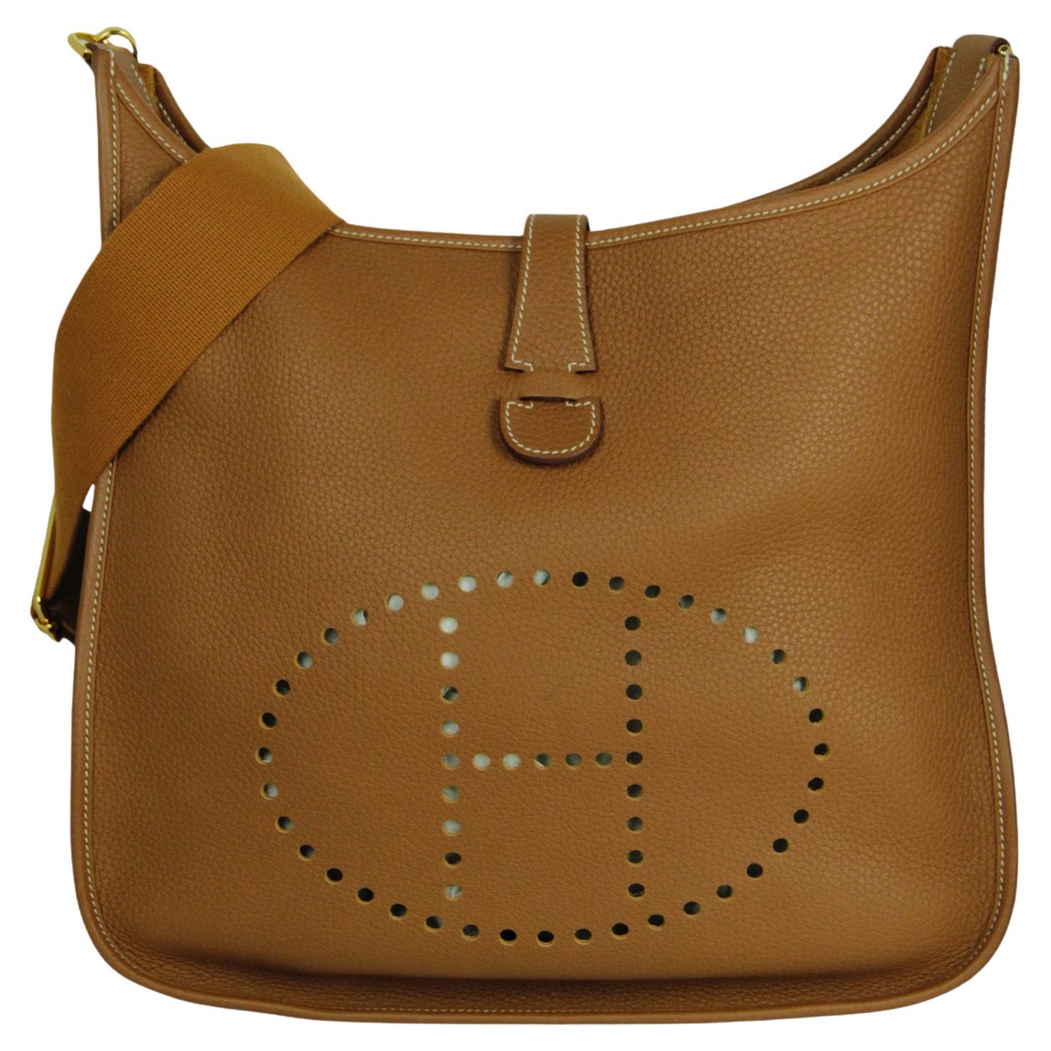 Hermes Gold Taurillon Clemence Leather Evelyne III GM Messenger Bag For Sale
