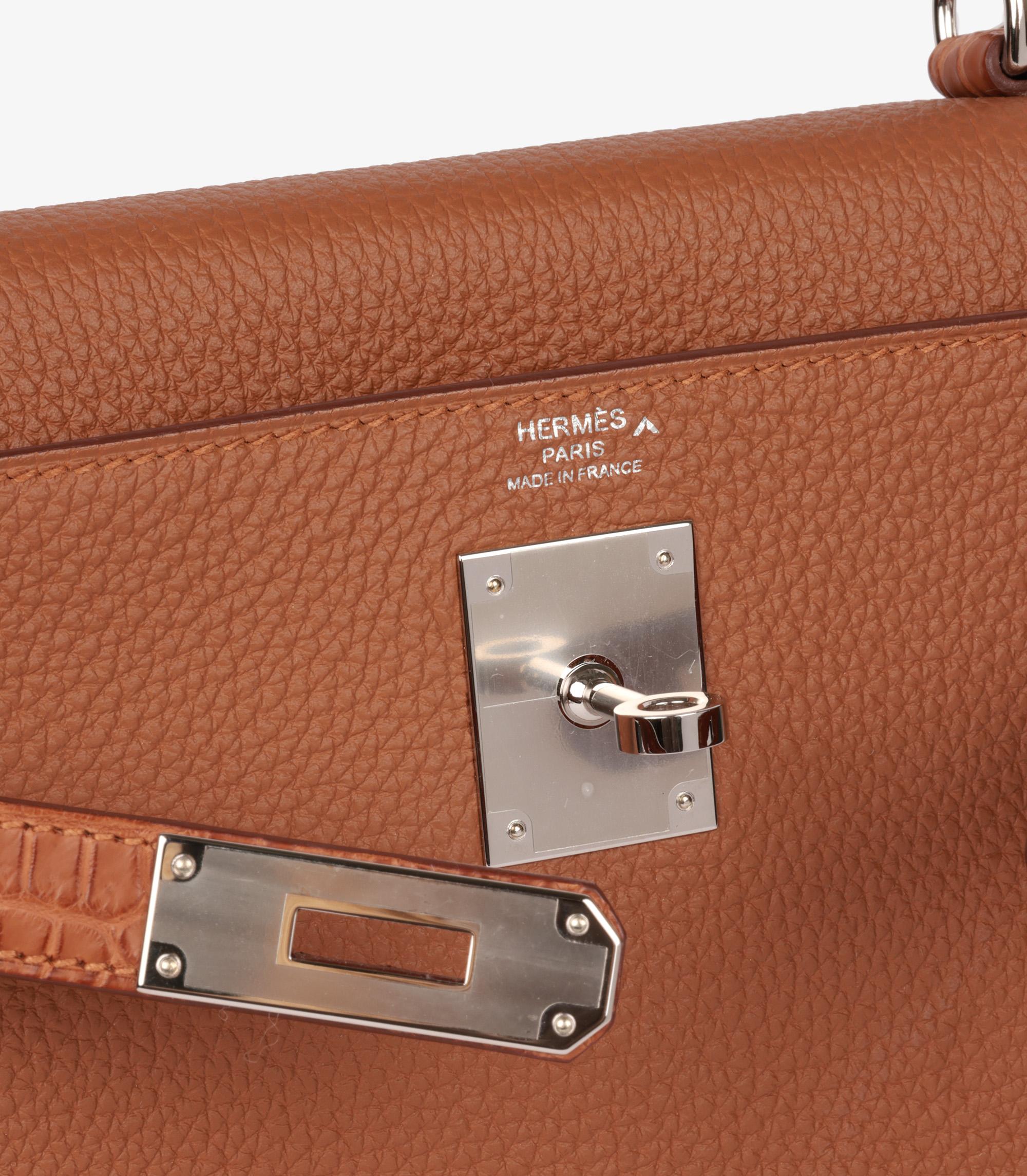 Hermès Gold Togo Leather & Matte Porosus Crocodile Leather Touch Kelly 28cm For Sale 3