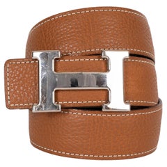 HERMES Gold Togo Marron Fonce Box REVERSIBLE 32MM H Buckle Belt 85