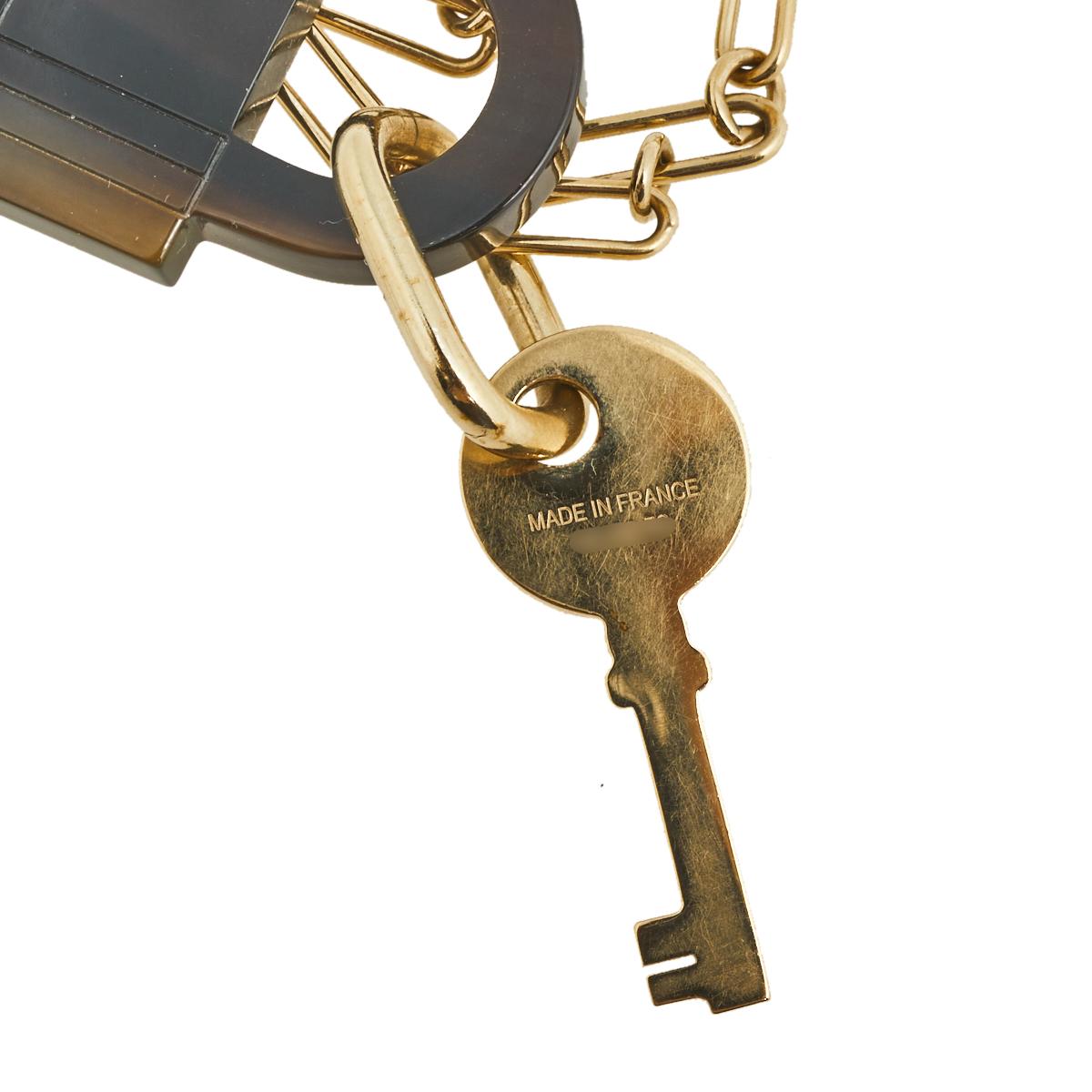 Contemporary Hermes Gold Tone Amulette Padlock & Key Long Necklace