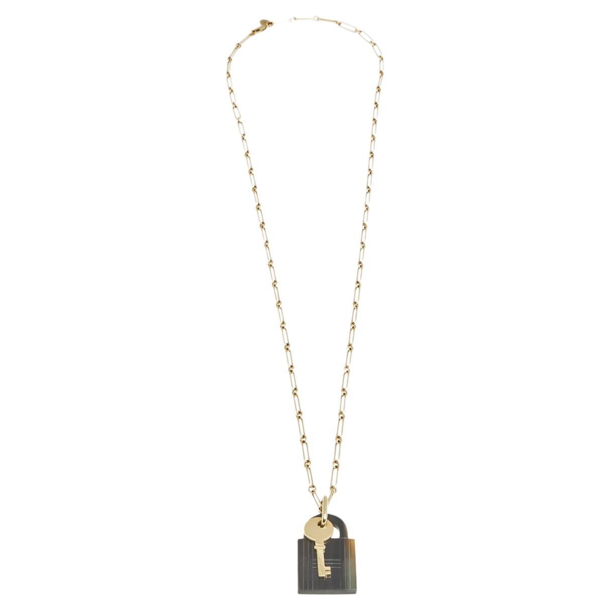 Hermes Gold Tone Amulette Padlock & Key Long Necklace