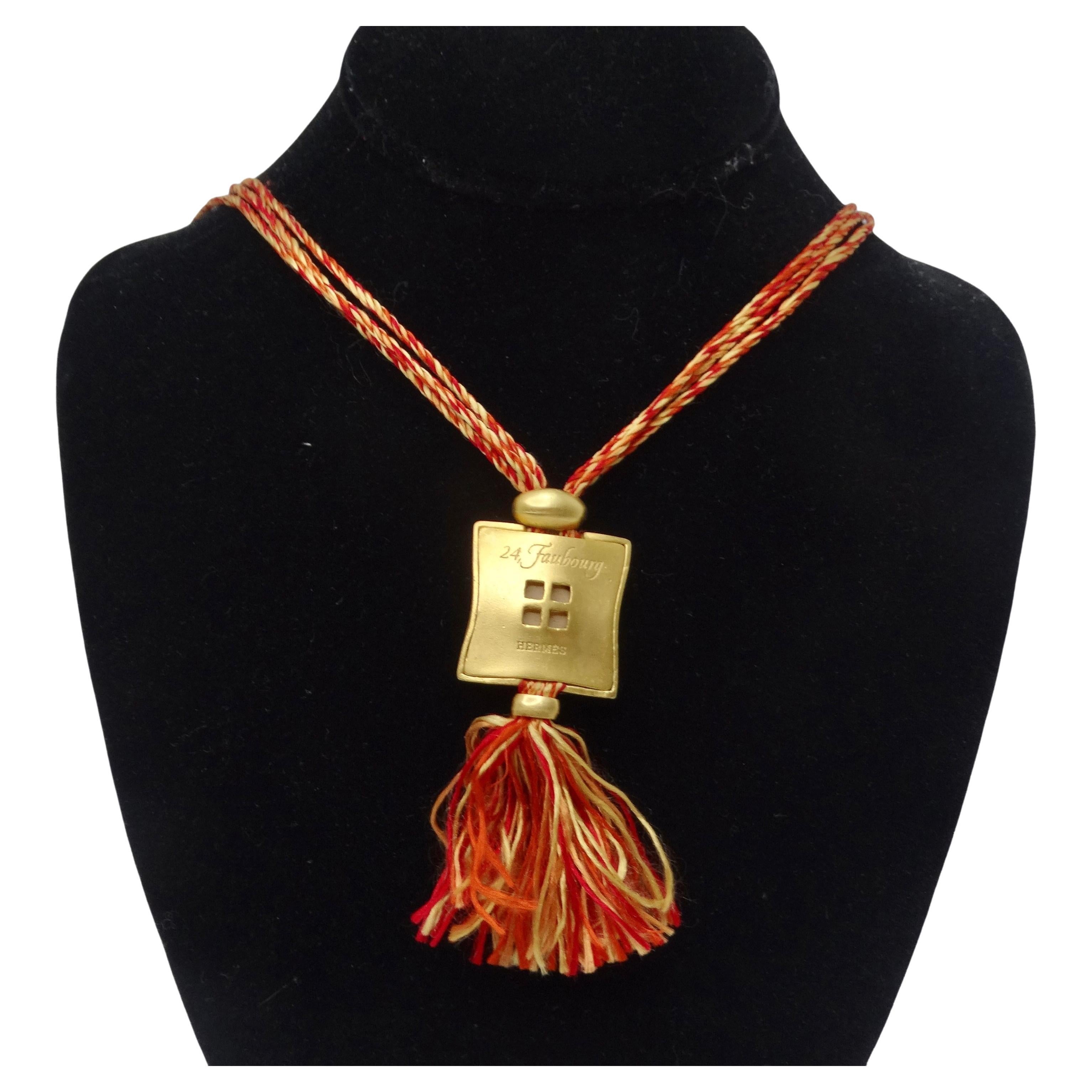 Hermes Gold Tone Pendent on Silk Yarn Chord Necklace For Sale