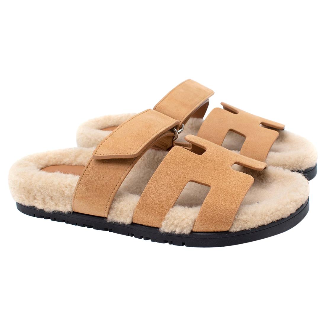 Hermes Golden Beige Shearling Chypre Sandal - Sold Out - Us size 7.5 For Sale