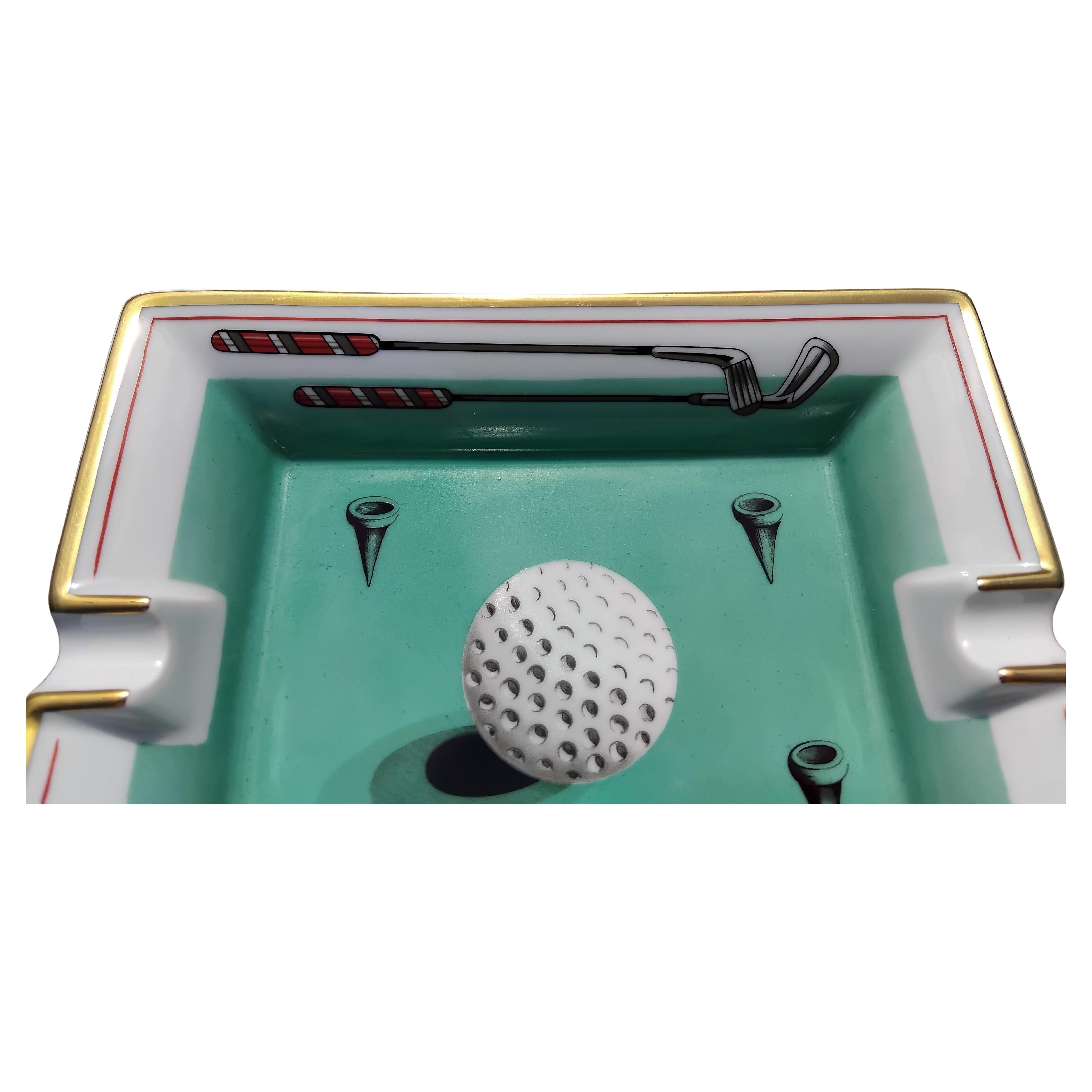 Blue Hermès Golf Print Cigar Ashtray Change Tray Porcelain Gold
