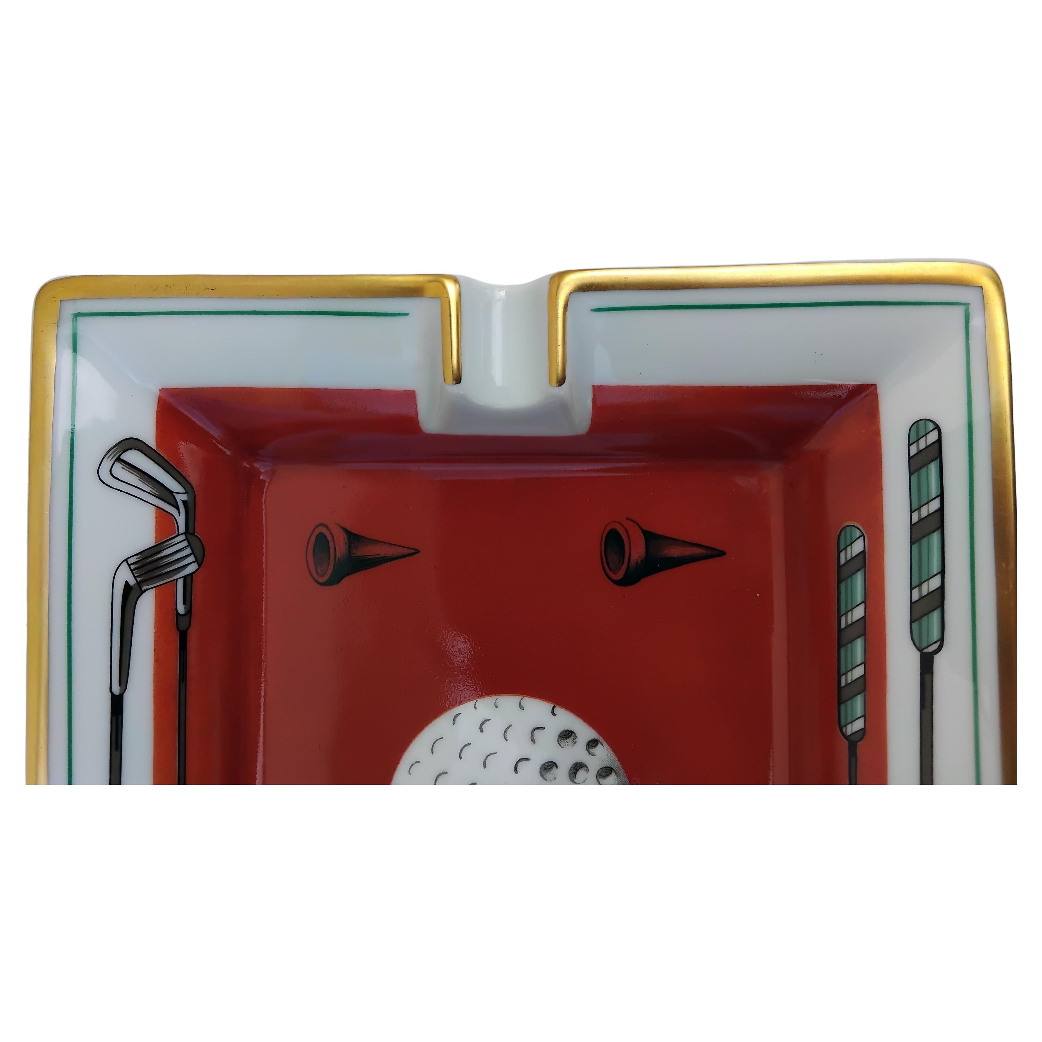 Hermès Golf Print Zigarren Aschenbecher ändern Tablett Porzellan Gold im Angebot 1