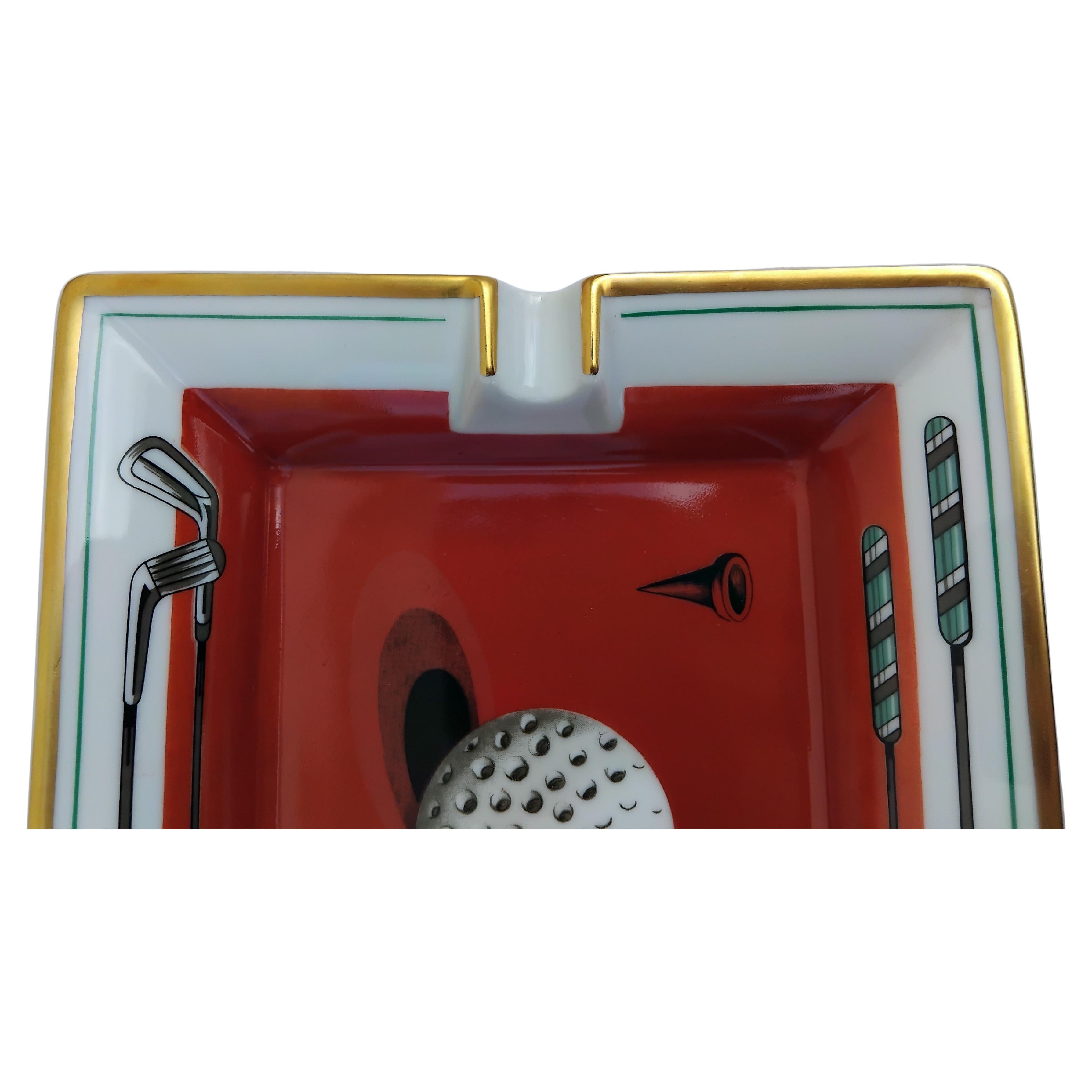 Hermès Golf Print Zigarren Aschenbecher ändern Tablett Porzellan Gold im Angebot 3