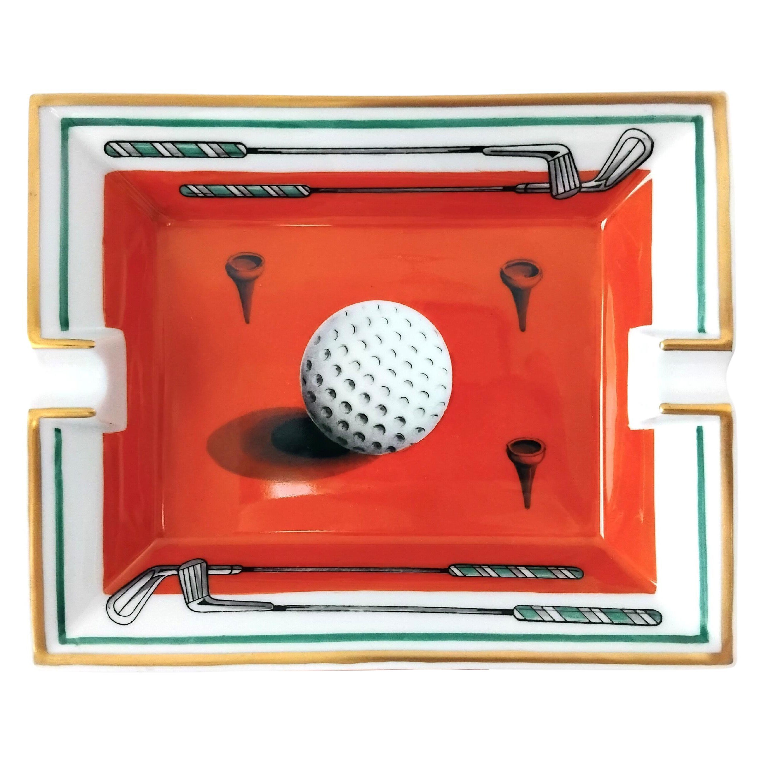 Hermès Golf Print Cigar Ashtray Change Tray Porcelain Gold en venta