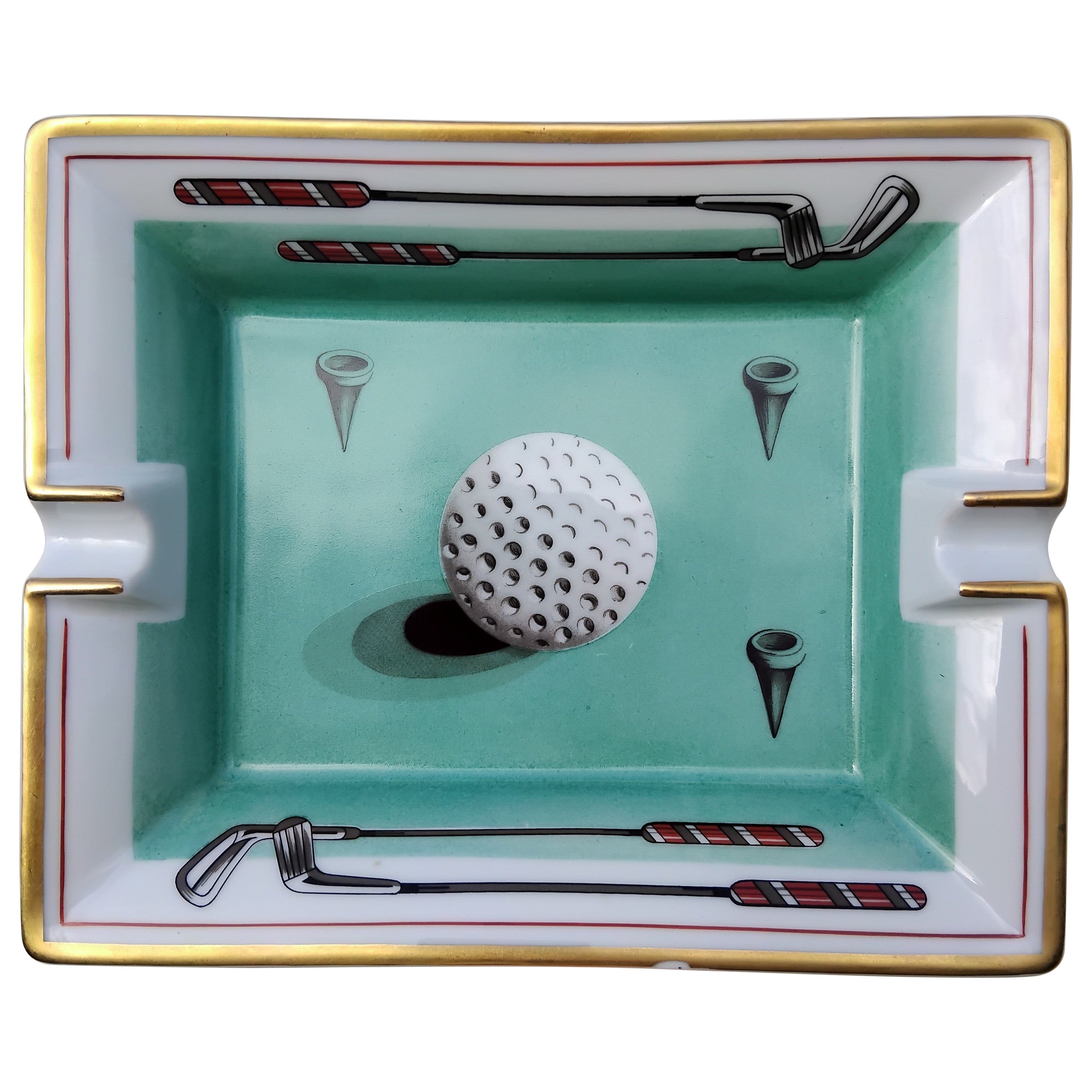 Hermès Golf Print Zigarren Aschenbecher ändern Tablett Porzellan Gold