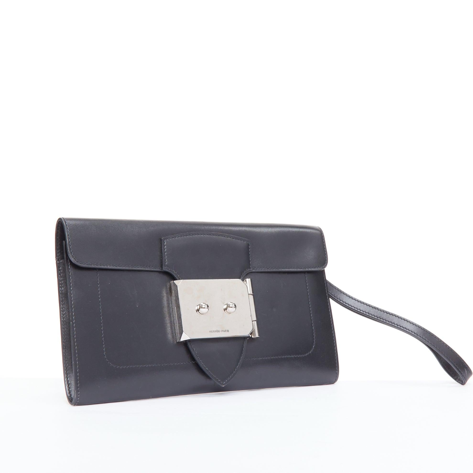 Gray HERMES Goodlock black box leather silver hardware wristlet clutch bag For Sale