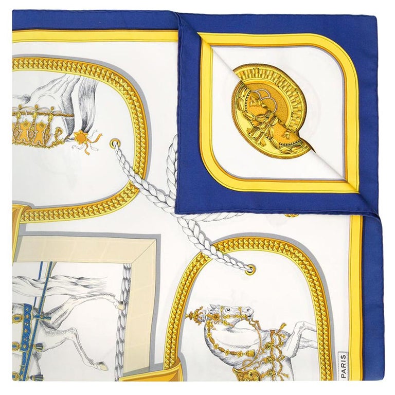 Hermes Vintage Selles A Housse Blue Yellow Equestrian Theme Silk