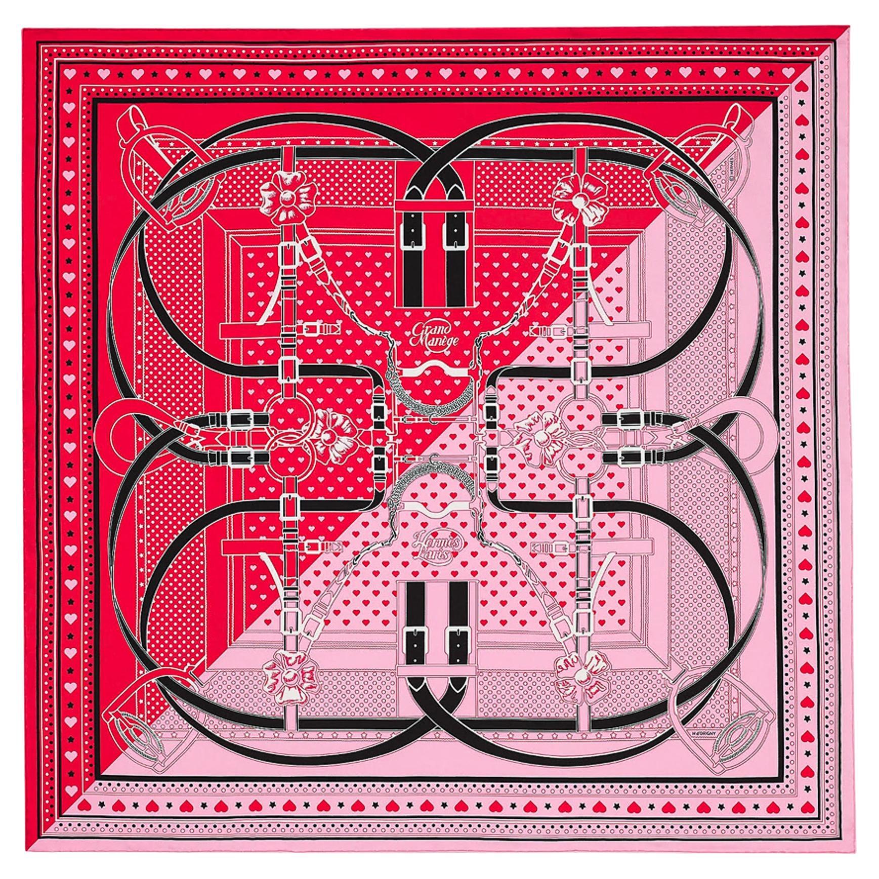 Hermes Grand Manege Bandana Love Scarf 70 Rouge Rose Noir Silk Twill Heart Box For Sale