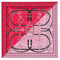 Hermès Grand Manege Bandana Love Scarf 70 Rouge Rose Noir en sergé de soie Boîte à cœurs