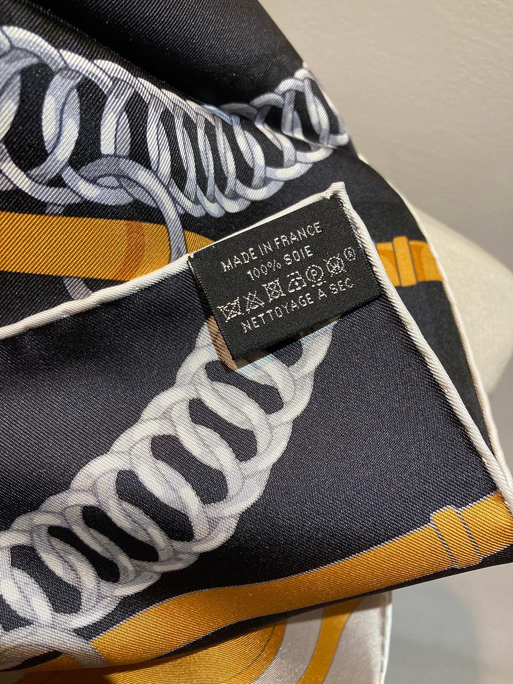 Beige Hermes Grand Manege Detail Silk Scarf in black and tan