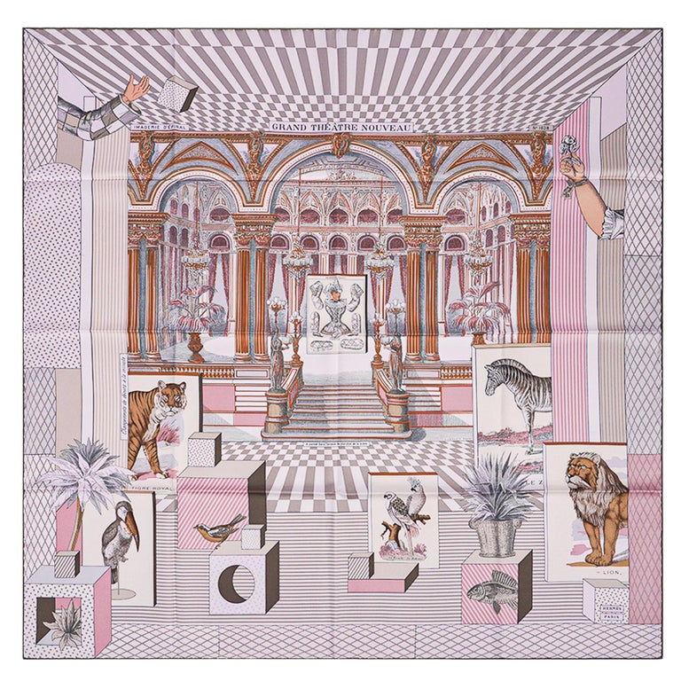 Hermes Grand Theatre Nouveau Rose Pale / Etoupe Silk Scarf 90 For Sale at  1stDibs