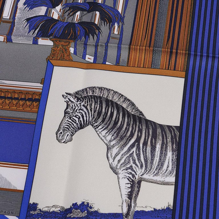 Foulard Hermès 140 Grand Théâtre - Cachemire Et Soie, Bleu Or Blanc - Occasion, Avec Boîte