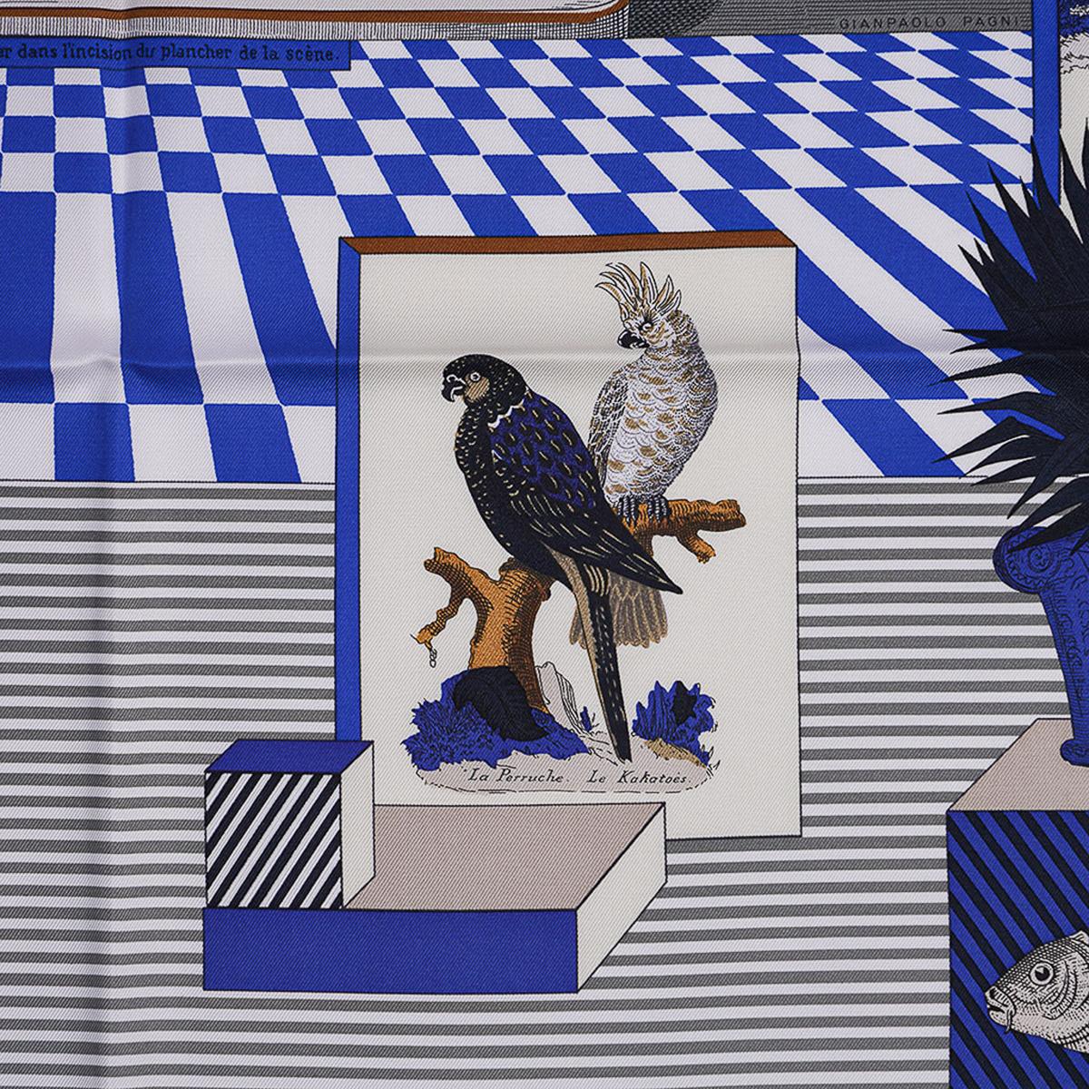 Hermes Grand Theatre Nouveau Scarf Blue Royal / Mordore / Blanc Silk 90 For Sale 2