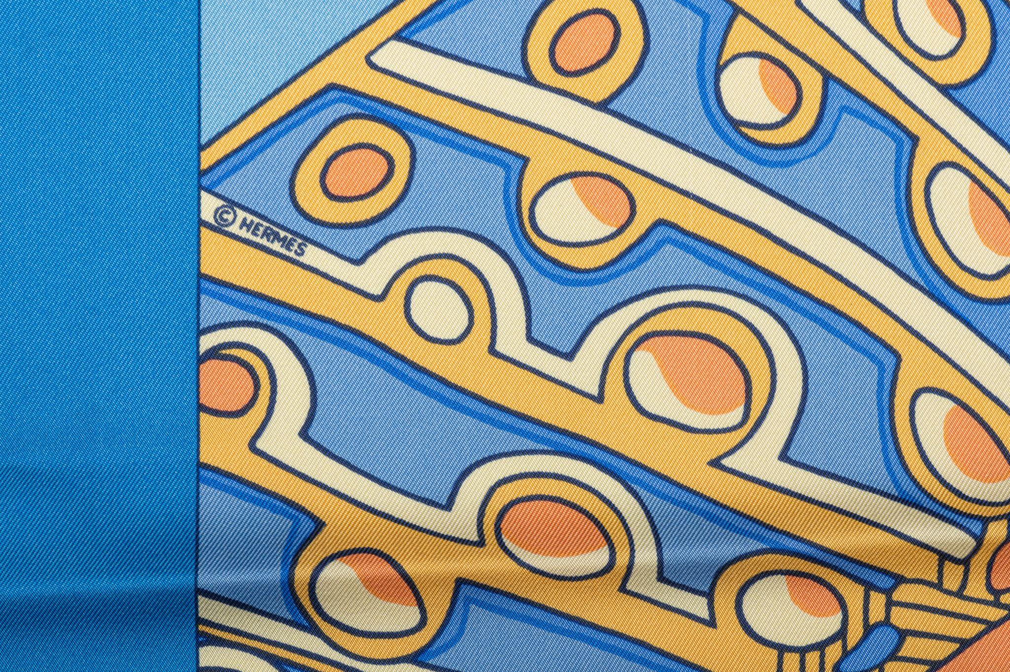 Beige Hermès Grands Fonds Blue Silk Scarf For Sale