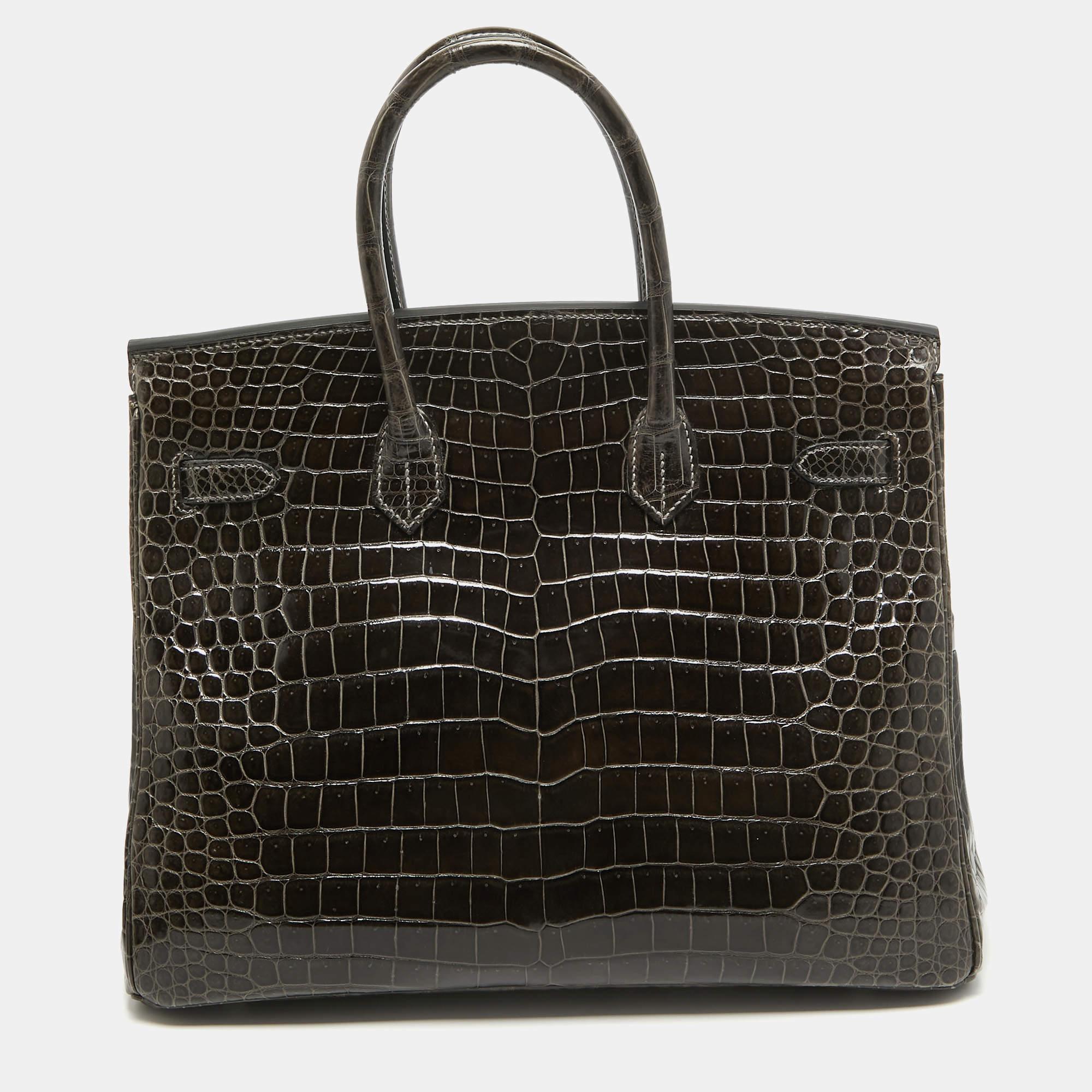 Hermes Graphite Crocodile Porosus Palladium Finish Birkin 35 Bag For Sale 9