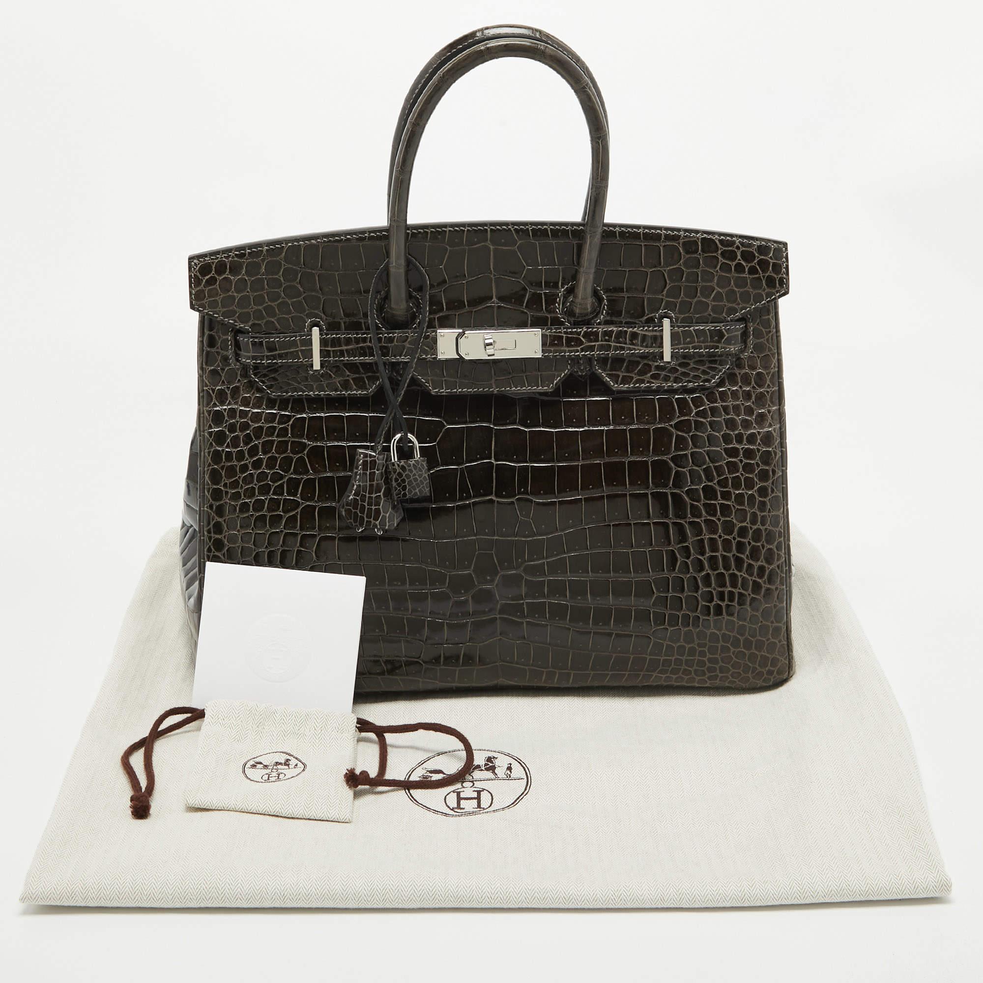 Hermes Graphite Crocodile Porosus Palladium Finish Birkin 35 Bag For Sale 13