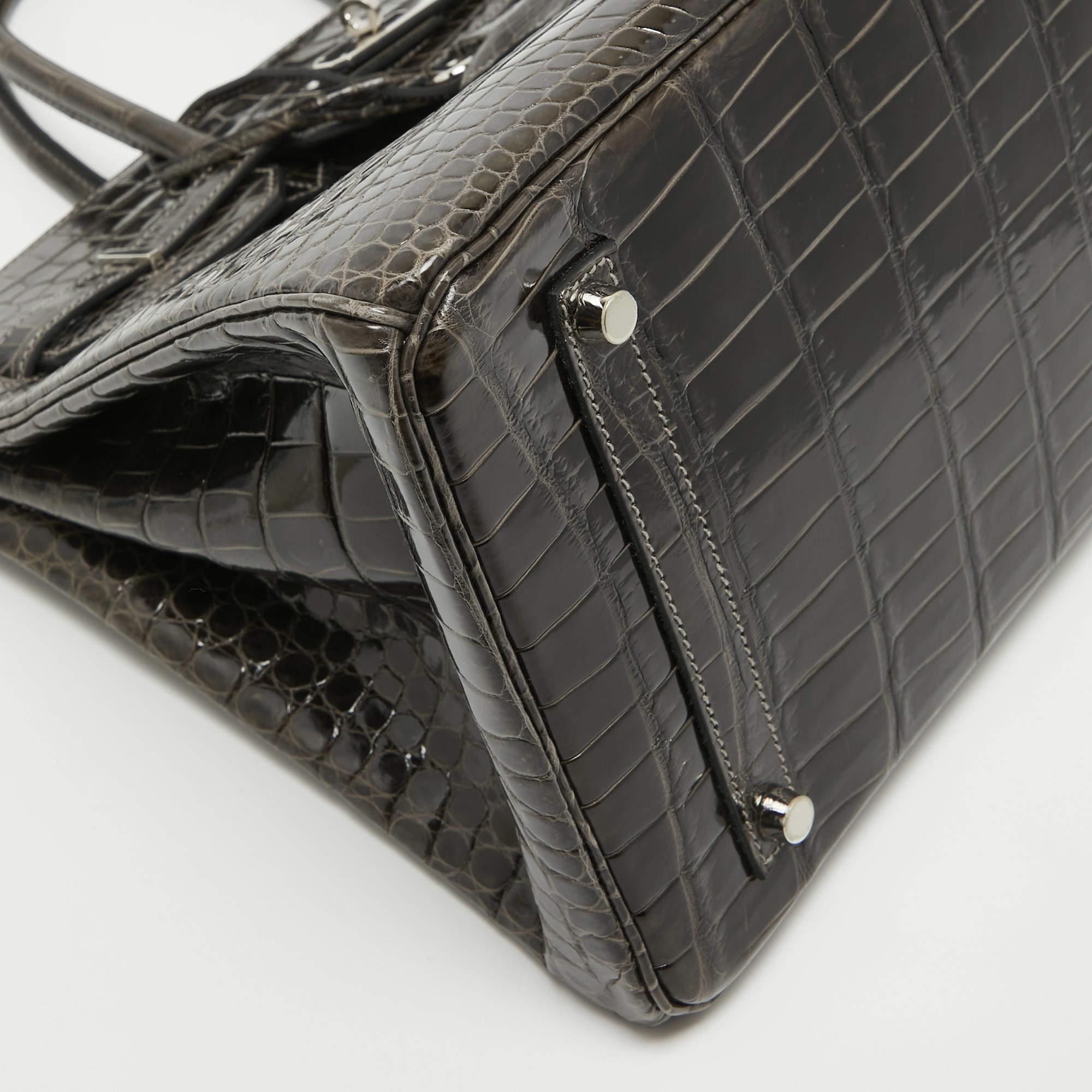 Women's Hermes Graphite Crocodile Porosus Palladium Finish Birkin 35 Bag For Sale