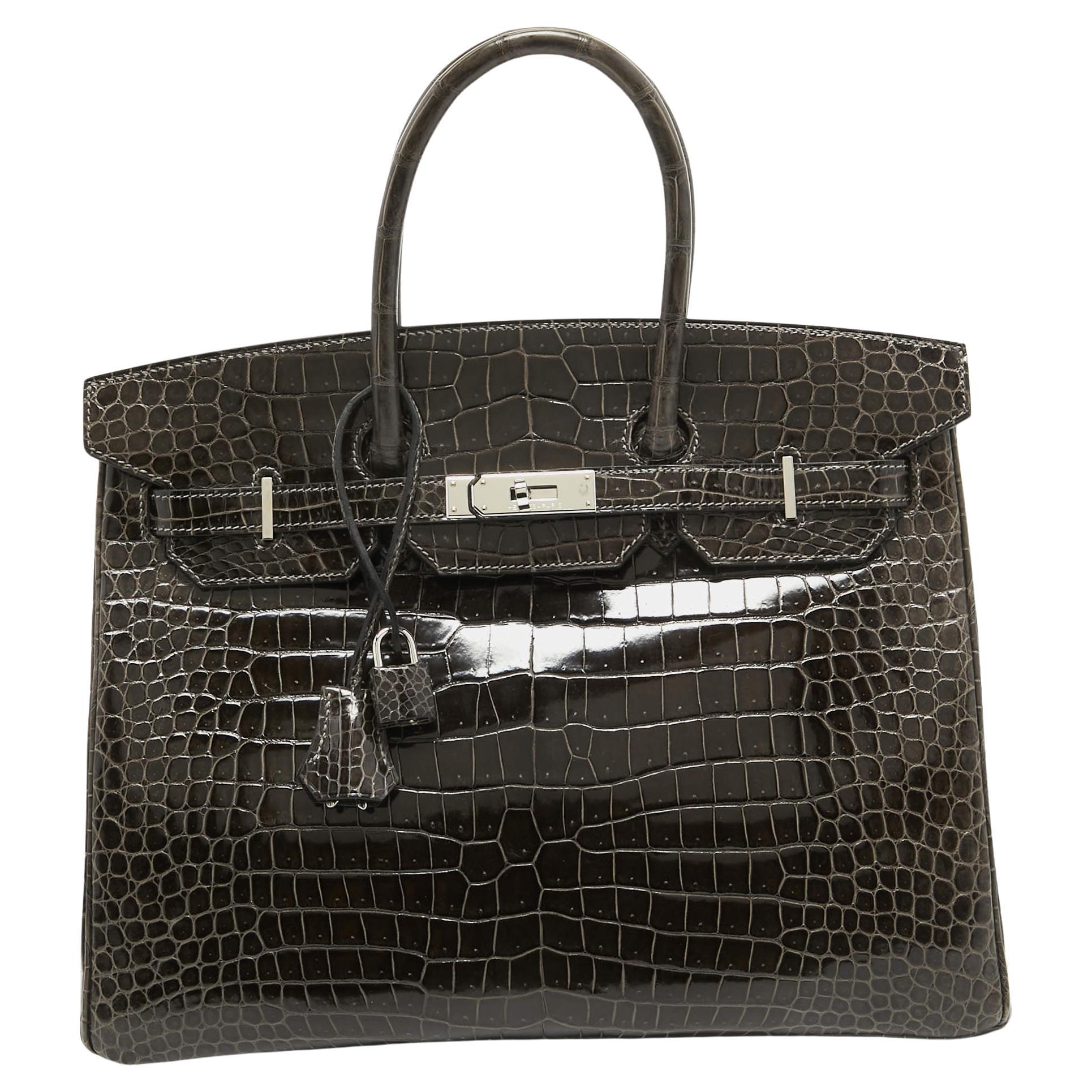 Hermes Graphite Crocodile Porosus Palladium Finish Birkin 35 Bag For Sale