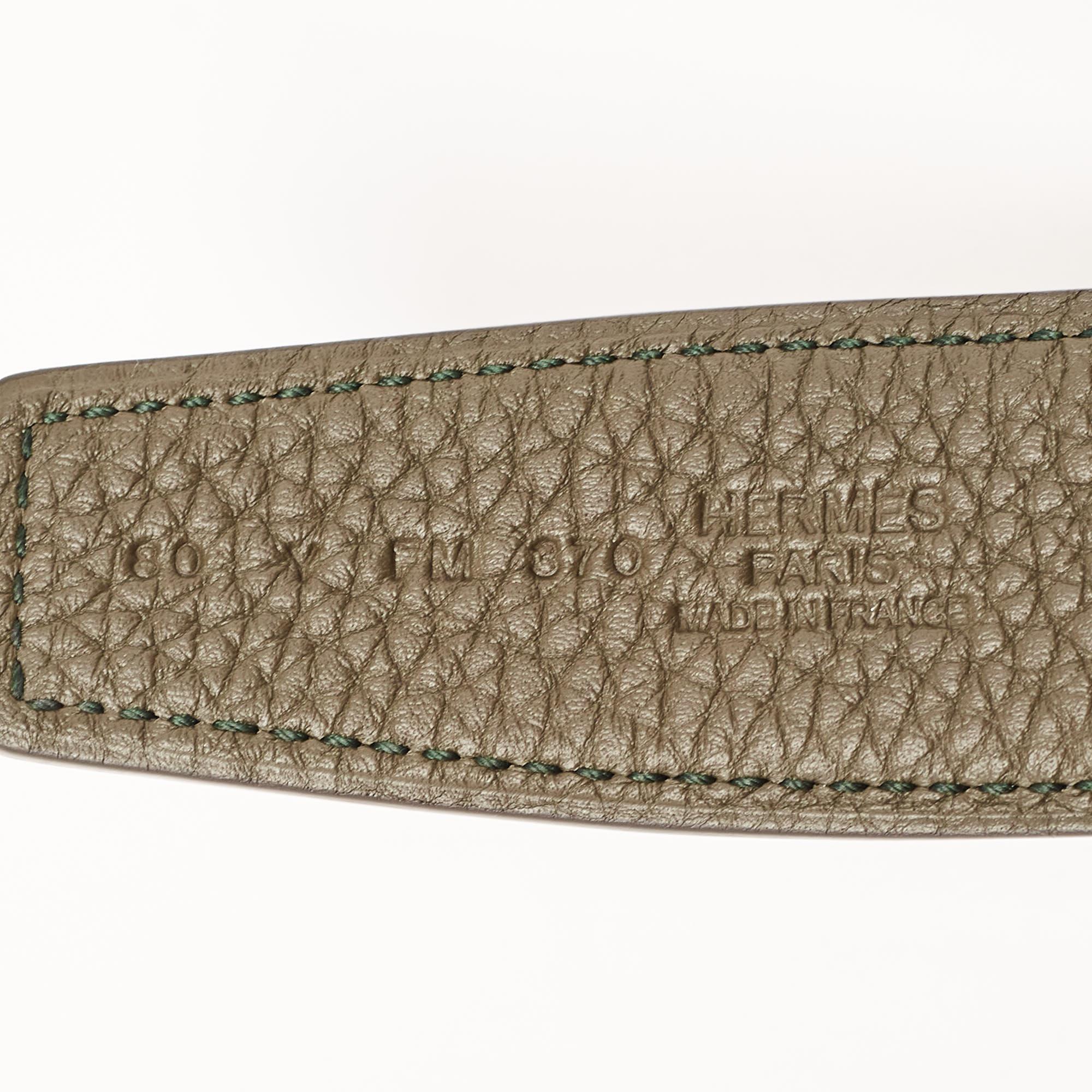Hermes Graphite/Vert De Gris Chamonix and Togo Leather Agora Buckle Belt 80 CM In Excellent Condition In Dubai, Al Qouz 2